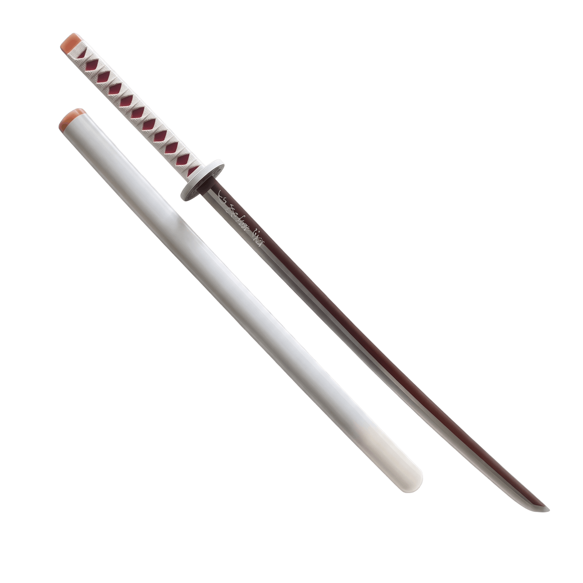 Katana de Kanao Tsuyuri détouré sur fond blanc, lame sombre et poignée blanche