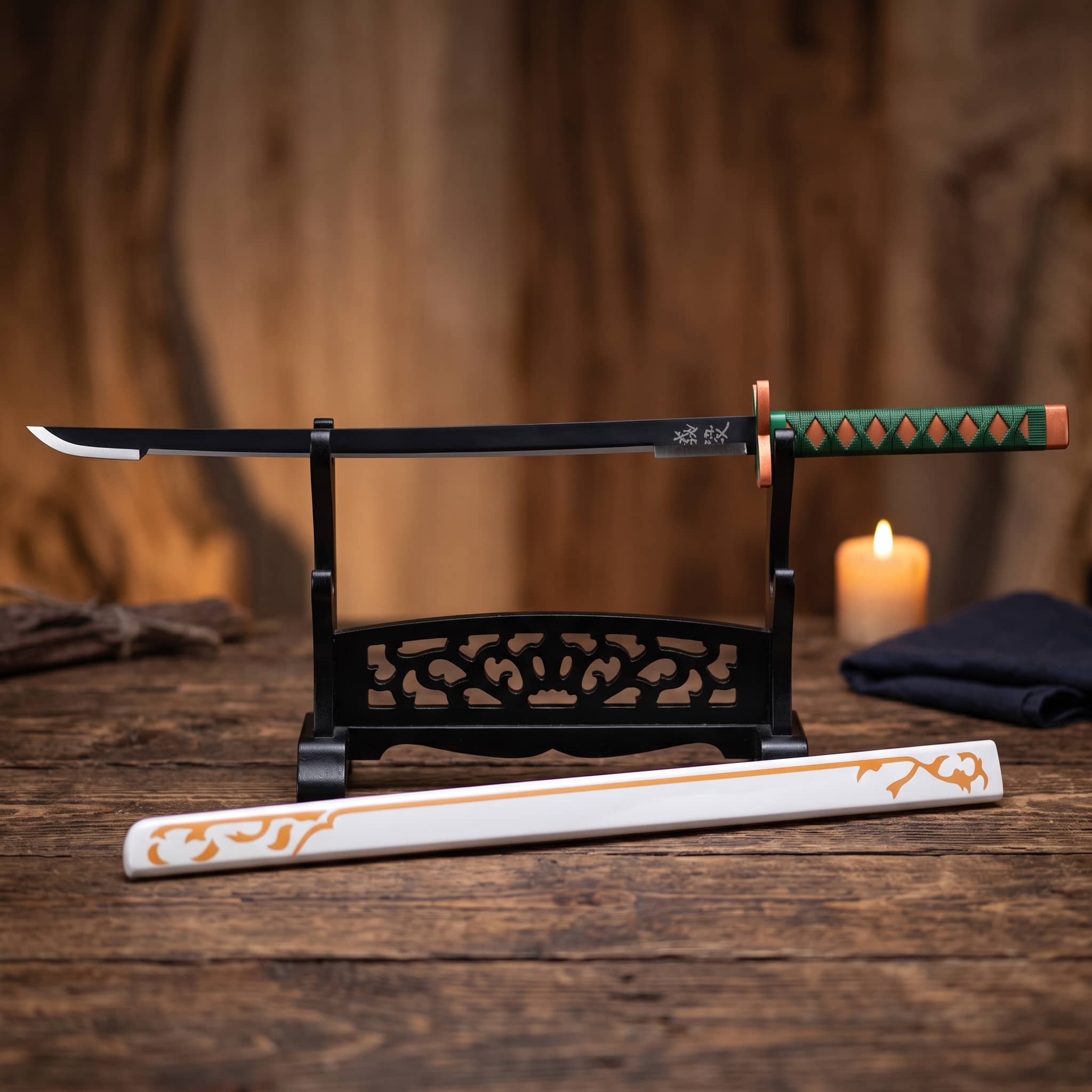 Katana Shinobu Kocho Demon Slayer posé à l'horizontale sur un présentoir (support non inclus)