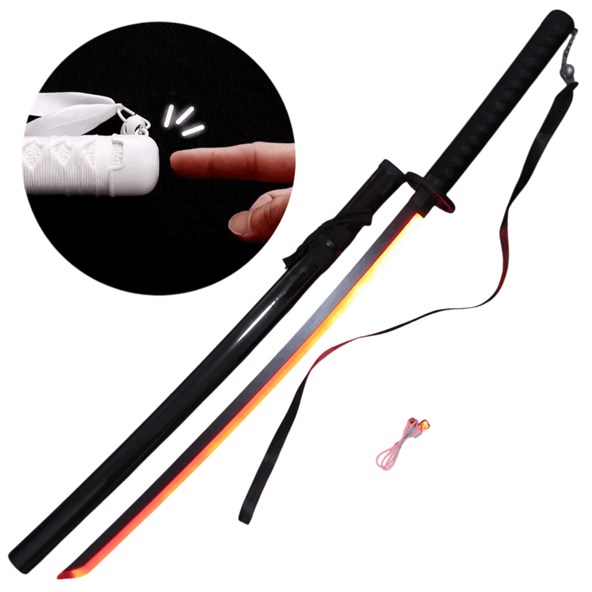 Katana LED rouge détouré sur fond blanc, lame noire à tranche lumineuse rouge