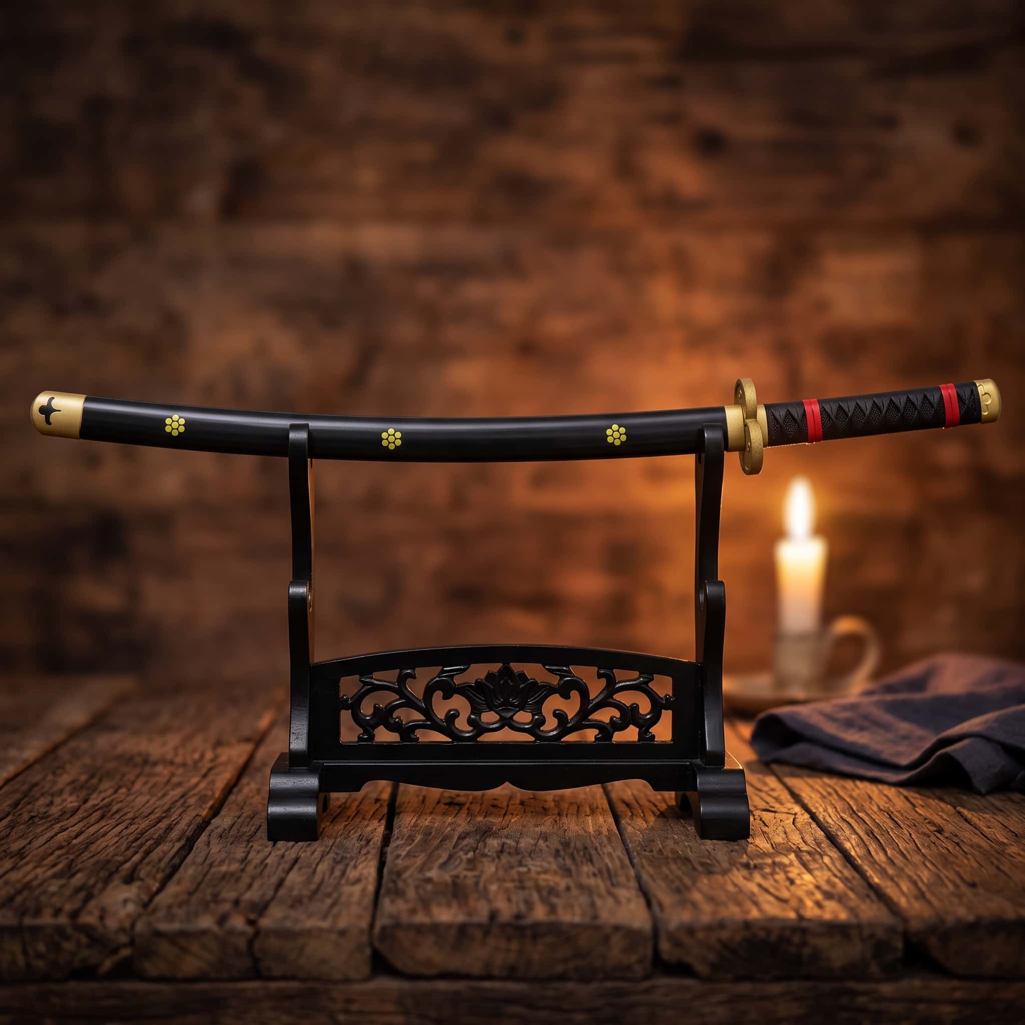 Katana Zoro One Piece posé à l'horizontale sur un présentoir (support non inclus)