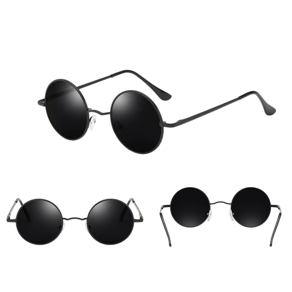 Lunettes rondes à monture métal fine et verres teintés noirs, détourées sur fond blanc