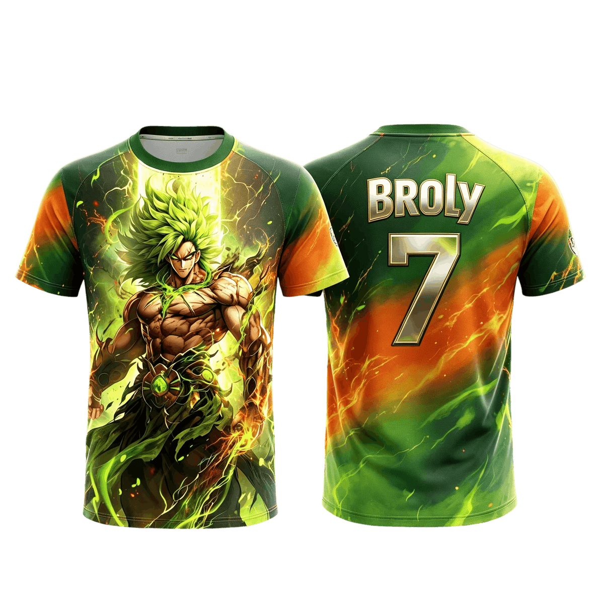 Green and orange Dragon Ball soccer jersey seen front and back: Legendary Super Saiyan Broly surrounded by green bolts on the front, the name BROLY and the number 7 on the back