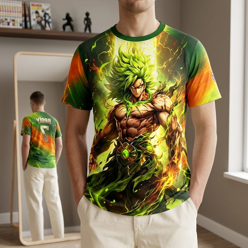 Green Dragon Ball soccer jersey worn, Legendary Super Saiyan Broly printed on the front and BROLY 7 visible on the back in the mirror (decor not included)