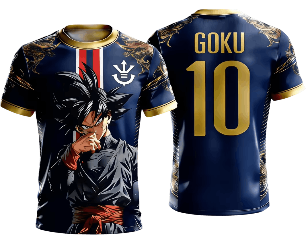 Maillot de foot Dragon Ball bleu marine vu de face et de dos : Goku, bande blanche et rouge, arabesques dorées et impression GOKU 10