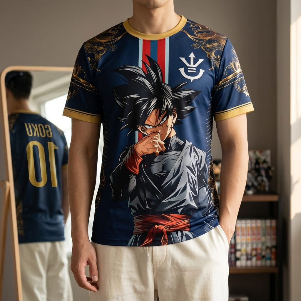 Maillot de foot Dragon Ball bleu marine et or porté, avec Goku imprimé sur le devant et GOKU 10 visible au dos dans le miroir (décor non inclus)