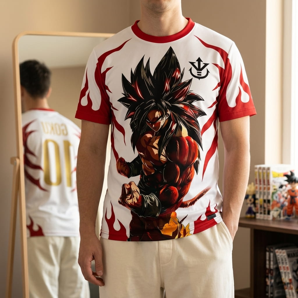 Maillot de foot Dragon Ball blanc à flammes rouges porté, avec Goku Super Saiyan 4 sur le devant et GOKU 10 visible au dos dans le miroir (décor non inclus)