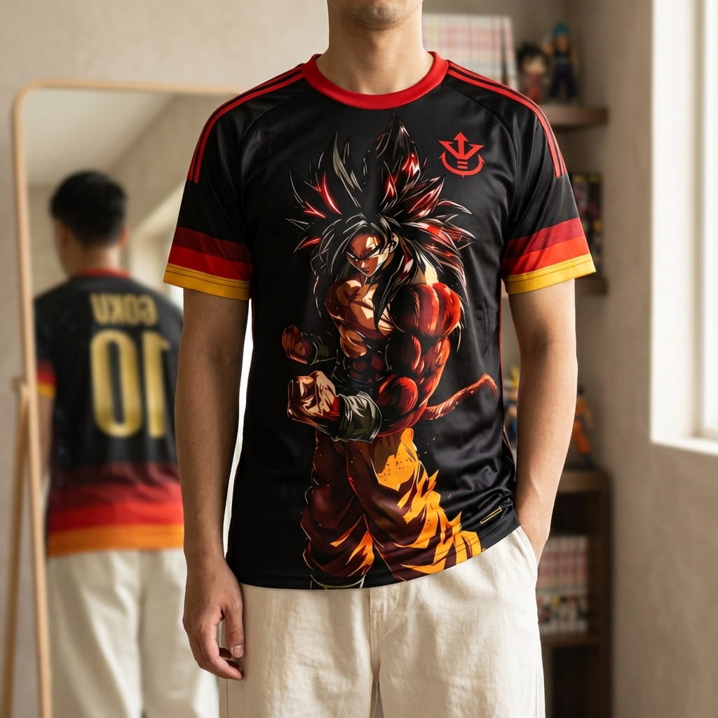 Maillot de foot Dragon Ball noir et rouge porté, avec Goku Super Saiyan 4 imprimé sur le devant et GOKU 10 visible au dos dans le miroir (décor non inclus)