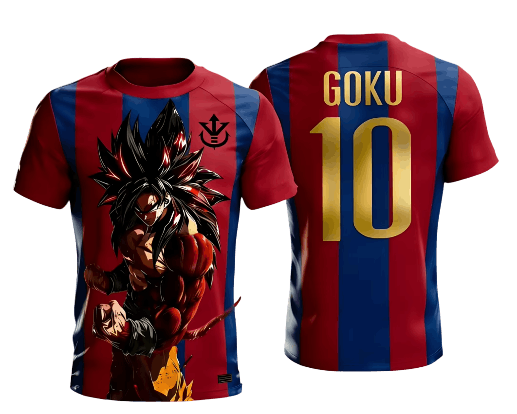 Maillot de foot Dragon Ball rayé rouge et bleu vu de face et de dos : Goku Super Saiyan 4, blason royal saiyan et impression GOKU 10 doré