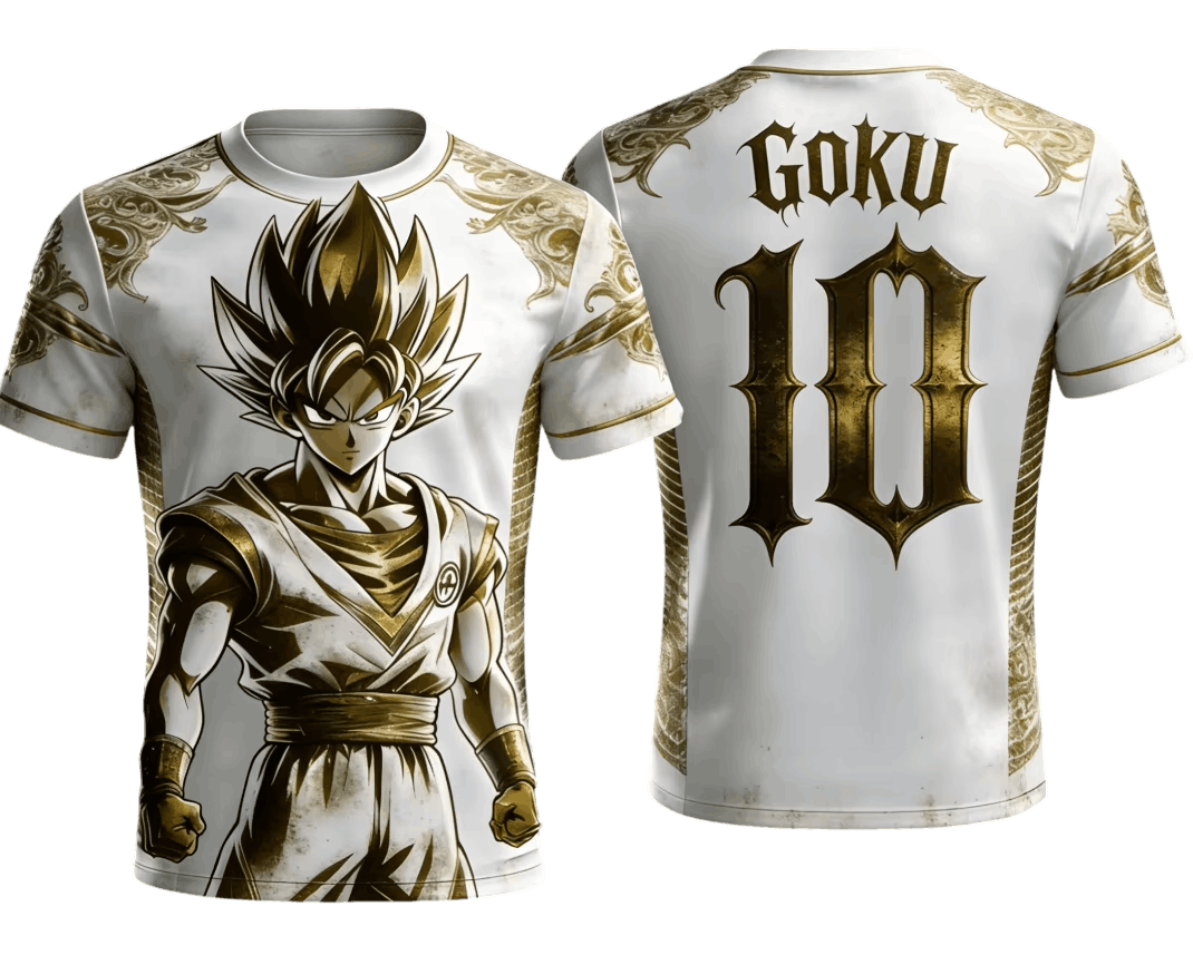 Maillot de foot Dragon Ball blanc et or vu de face et de dos : Goku Super Saiyan, arabesques dorées et impression GOKU 10 en lettres gothiques