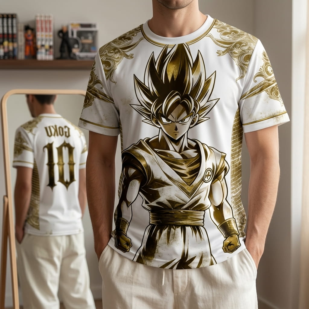 Maillot de foot Dragon Ball blanc et or porté, avec Goku Super Saiyan imprimé sur le devant et GOKU 10 visible au dos dans le miroir (décor non inclus)