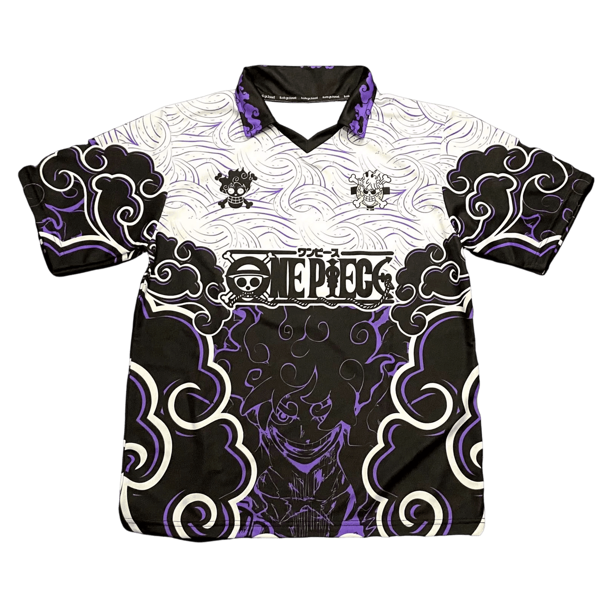 One Piece soccer jersey with a polo collar, front view: purple swirls, two Gear 5 emblems, One Piece logo and Luffy in Gear 5 among the clouds
