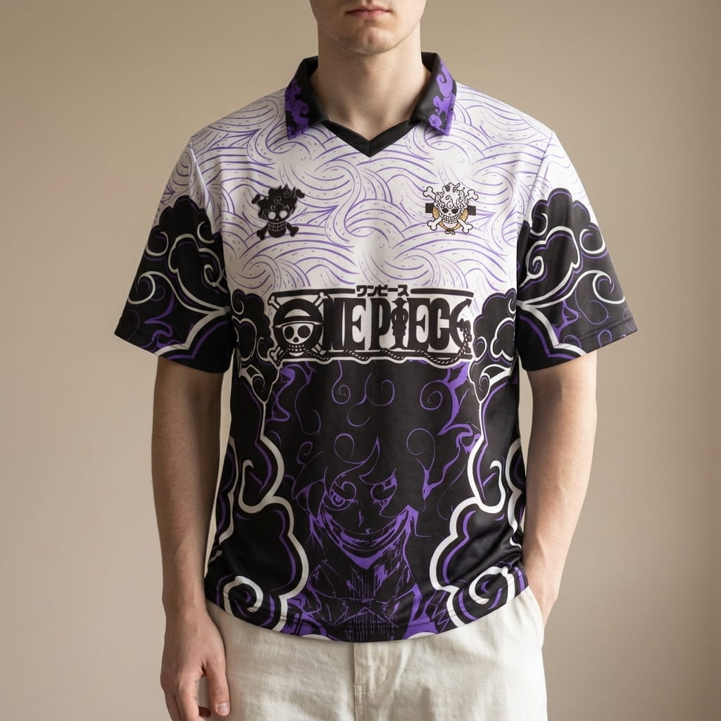 One Piece soccer jersey with a polo collar, worn: white top with purple swirls, One Piece logo and Luffy in Gear 5 in the clouds (decor not included)