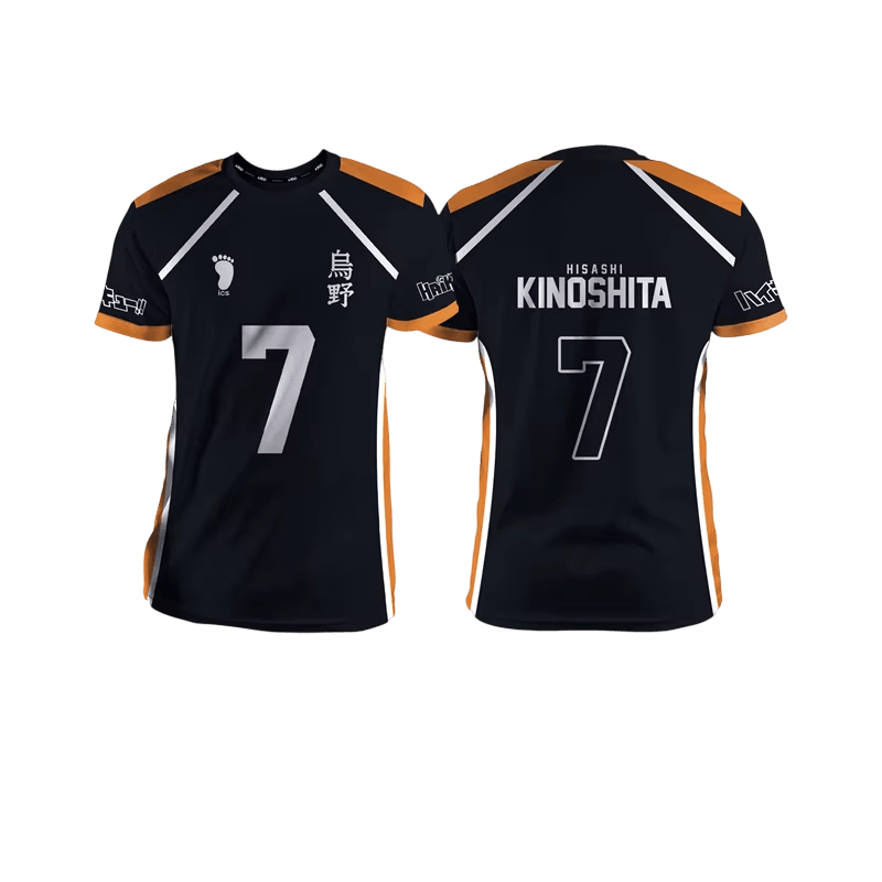 Black and orange Karasuno volleyball jersey, front and back: number 7 and the kanji 烏野 on the front, HISASHI KINOSHITA printed on the back above the 7