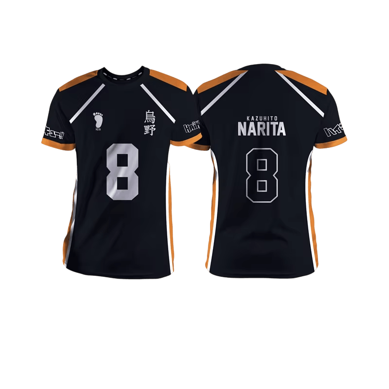 Black and orange Karasuno volleyball jersey, front and back: number 8 and the kanji 烏野 on the front, KAZUHITO NARITA printed on the back above the 8
