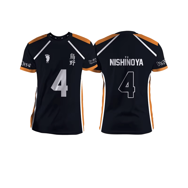 Black and orange Karasuno volleyball jersey, front and back: number 4 and the kanji 烏野 on the front, YU NISHINOYA printed on the back above the 4