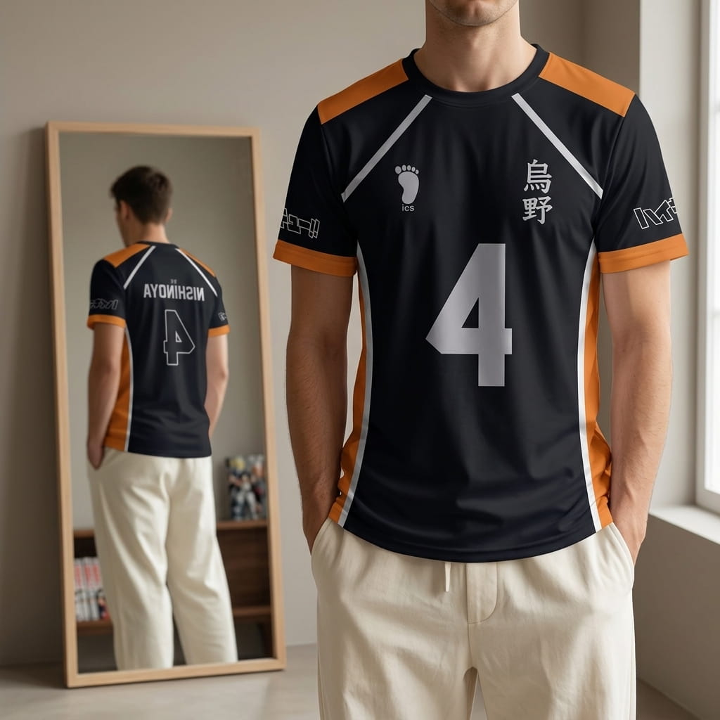 Black and orange Haikyū volleyball jersey worn, number 4 and the kanji 烏野 on the front, the name NISHINOYA visible on the back in the mirror (decor not included)