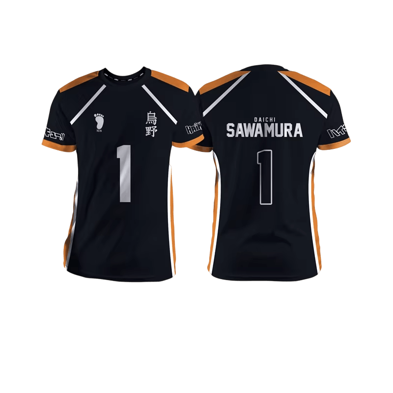 Black and orange Karasuno volleyball jersey, front and back: number 1 and the kanji 烏野 on the front, DAICHI SAWAMURA printed on the back above the 1