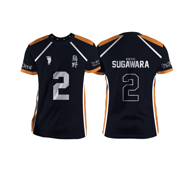 Black and orange Karasuno volleyball jersey, front and back: number 2 and the kanji 烏野 on the front, KOSHI SUGAWARA printed on the back above the 2