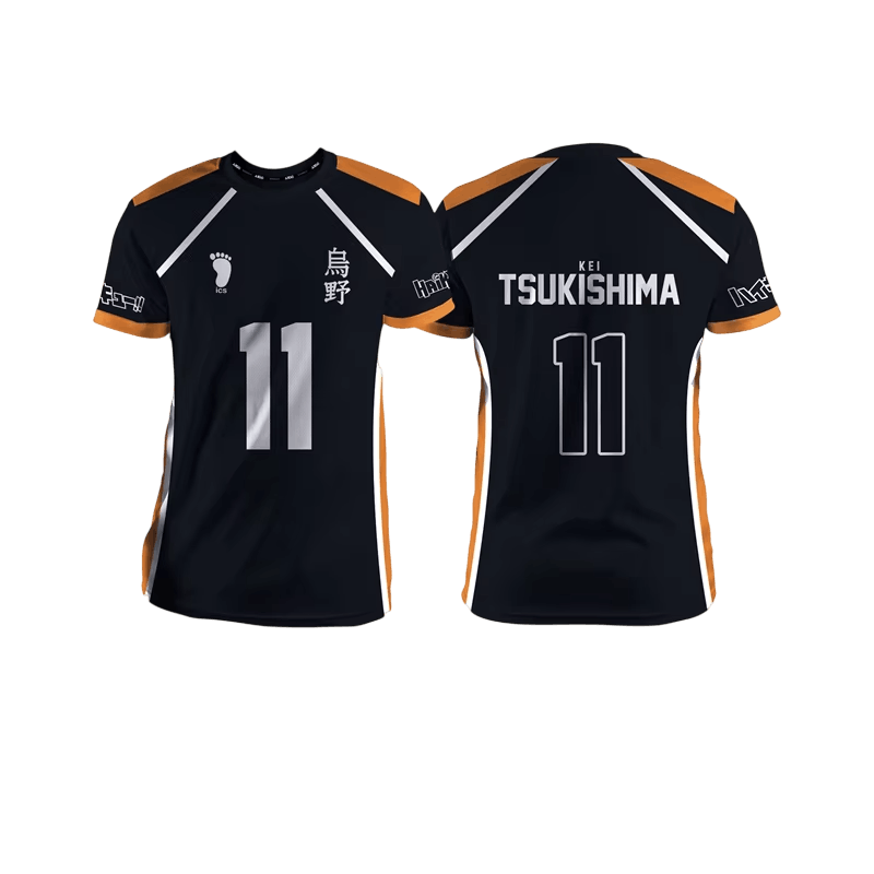 Black and orange Karasuno volleyball jersey, front and back: number 11 and the kanji 烏野 on the front, KEI TSUKISHIMA printed on the back above the 11