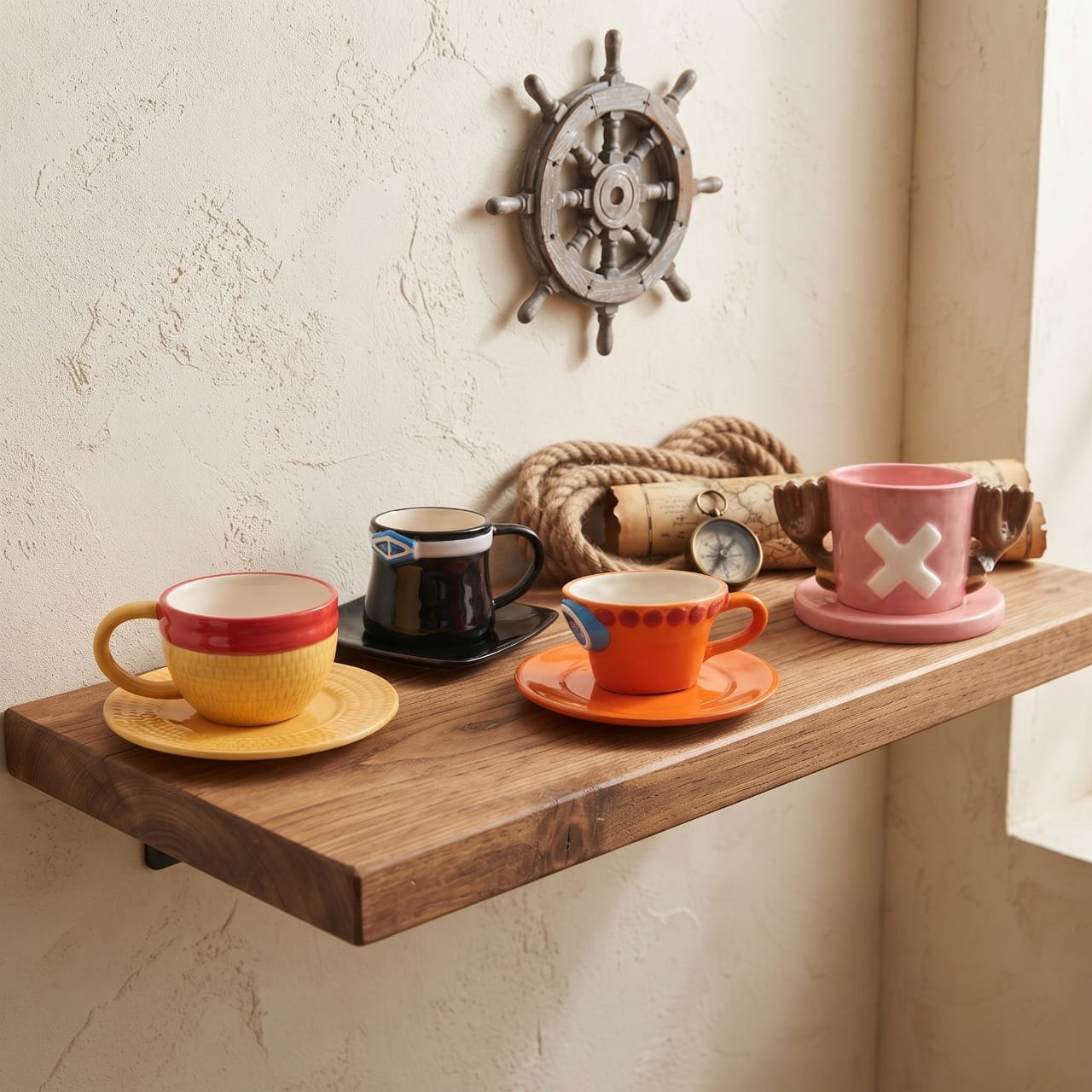 Quatre mugs One Piece en forme de chapeaux alignés sur une étagère en bois, barre à roue au mur