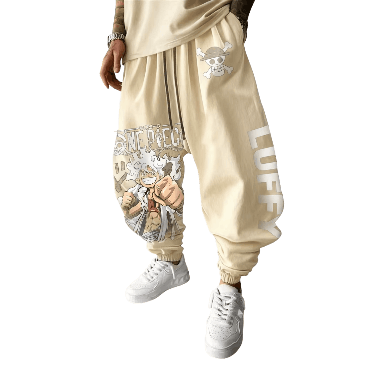 Beige One Piece joggers, Jolly Roger on the hip, Luffy Gear 5 on the thigh and LUFFY vertically down the other leg