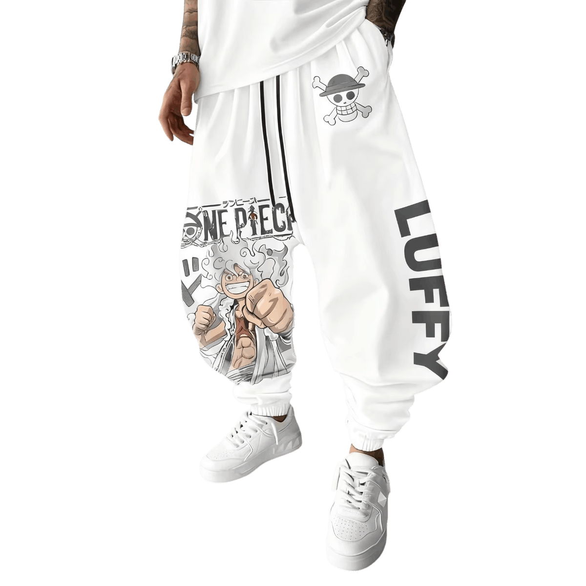 White One Piece joggers, Jolly Roger on the hip, Luffy Gear 5 on the thigh and LUFFY down the other leg