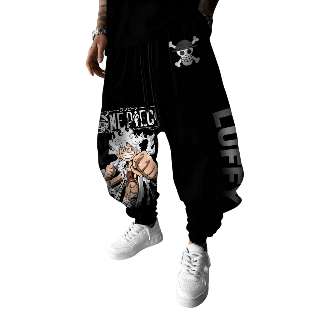 Black One Piece joggers, Jolly Roger on the hip, Luffy Gear 5 on the thigh and LUFFY vertically down the other leg