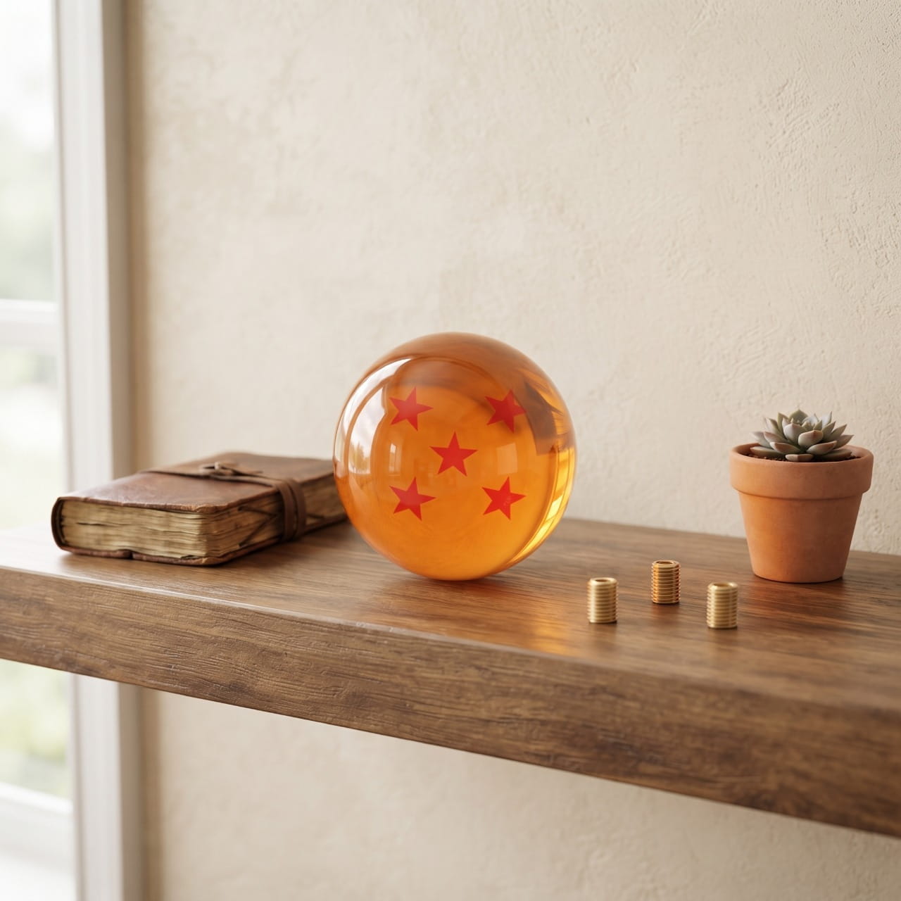 Pommeau de levier de vitesse Dragon Ball en boule de cristal ambrée, posé sur une étagère en bois