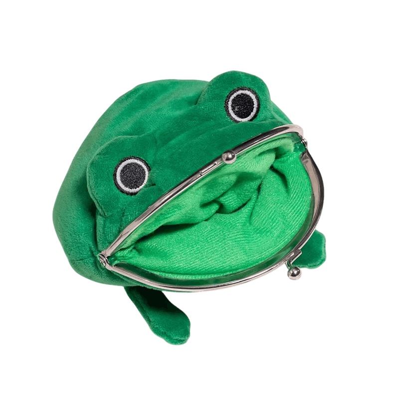 Porte-monnaie grenouille Gama-chan ouvert sur son fermoir métallique à clip, yeux brodés, détouré sur fond blanc