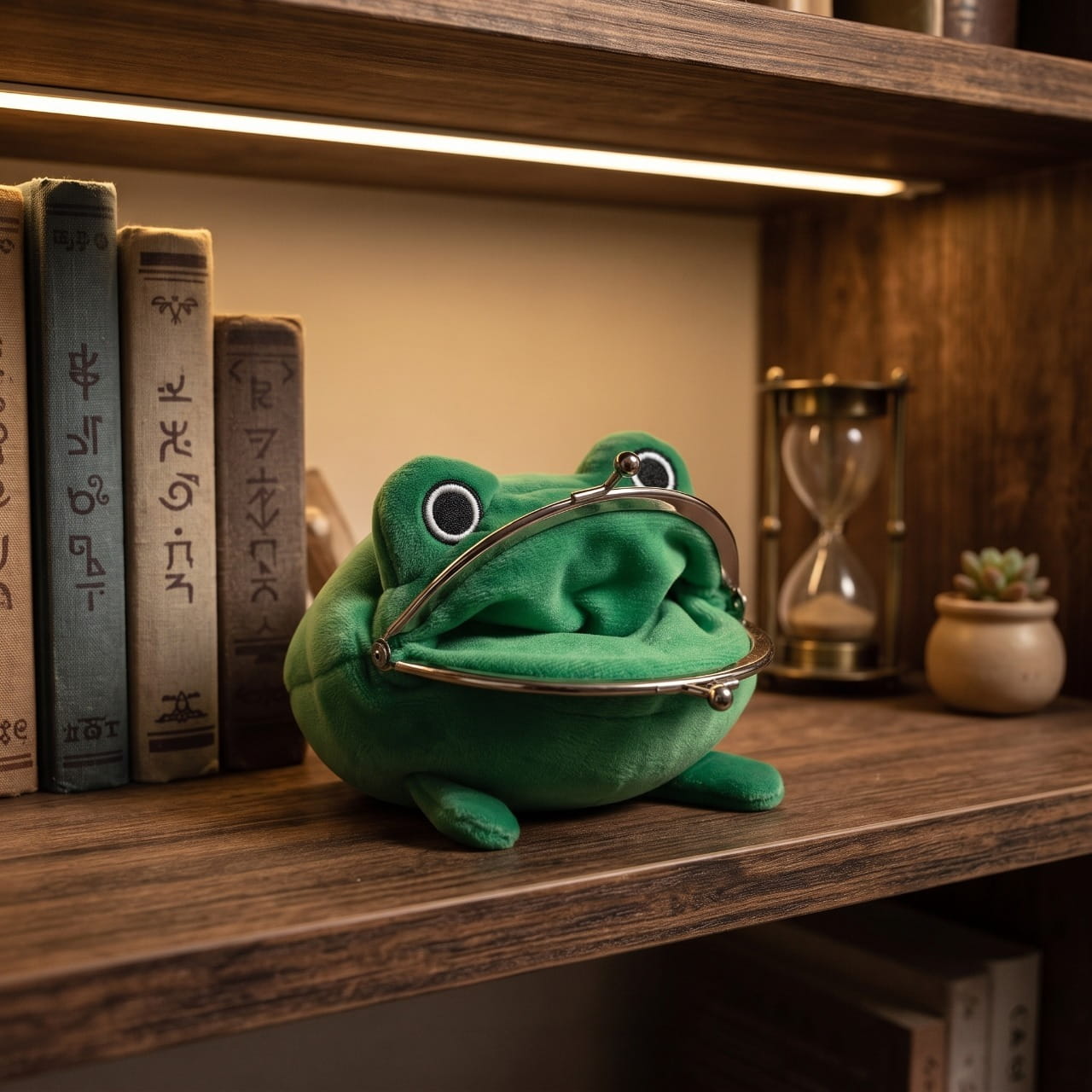 Porte-monnaie grenouille verte Gama-chan de Naruto posé sur un bureau en bois à côté de pièces de monnaie