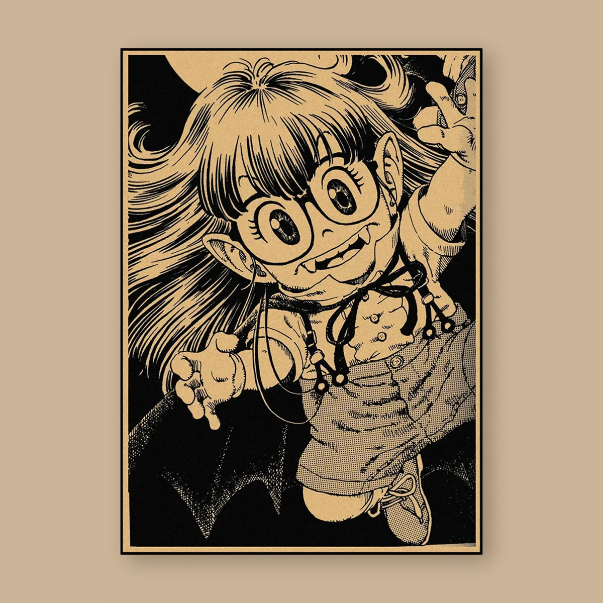 Poster Dragon Ball Arale Norimaki — portrait à l'encre, vu à plat sur fond uni : illustration rétro, fond papier kraft, imprimé sur toile mate et livré sans cadre