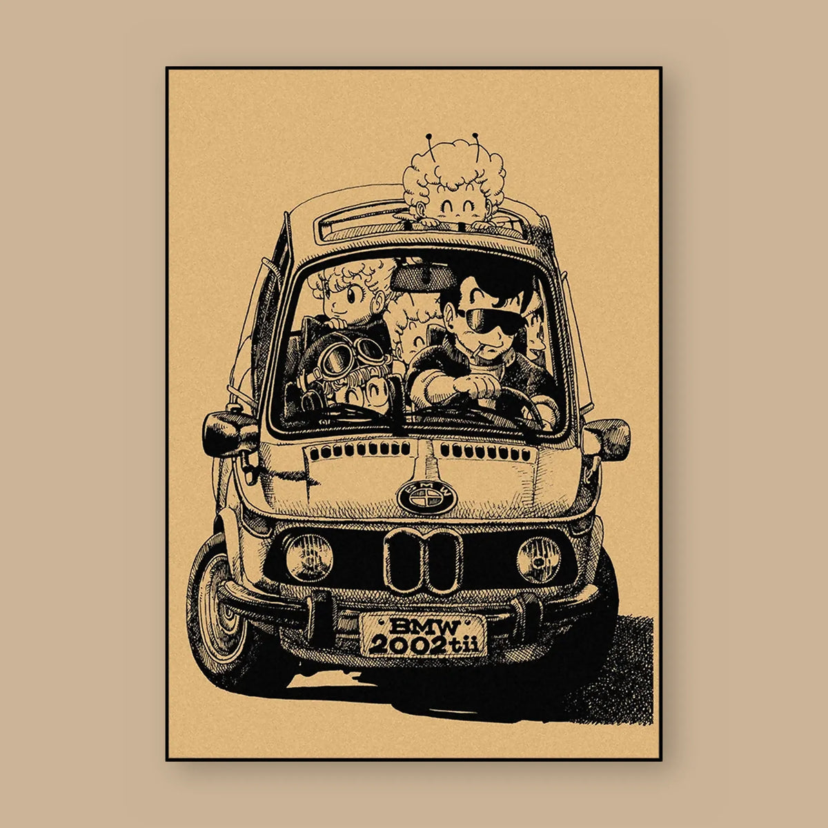 Poster Dragon Ball Illustration d'Akira Toriyama — la voiture à la plume, vu à plat sur fond uni : illustration rétro, fond papier kraft, imprimé sur toile mate et livré sans cadre