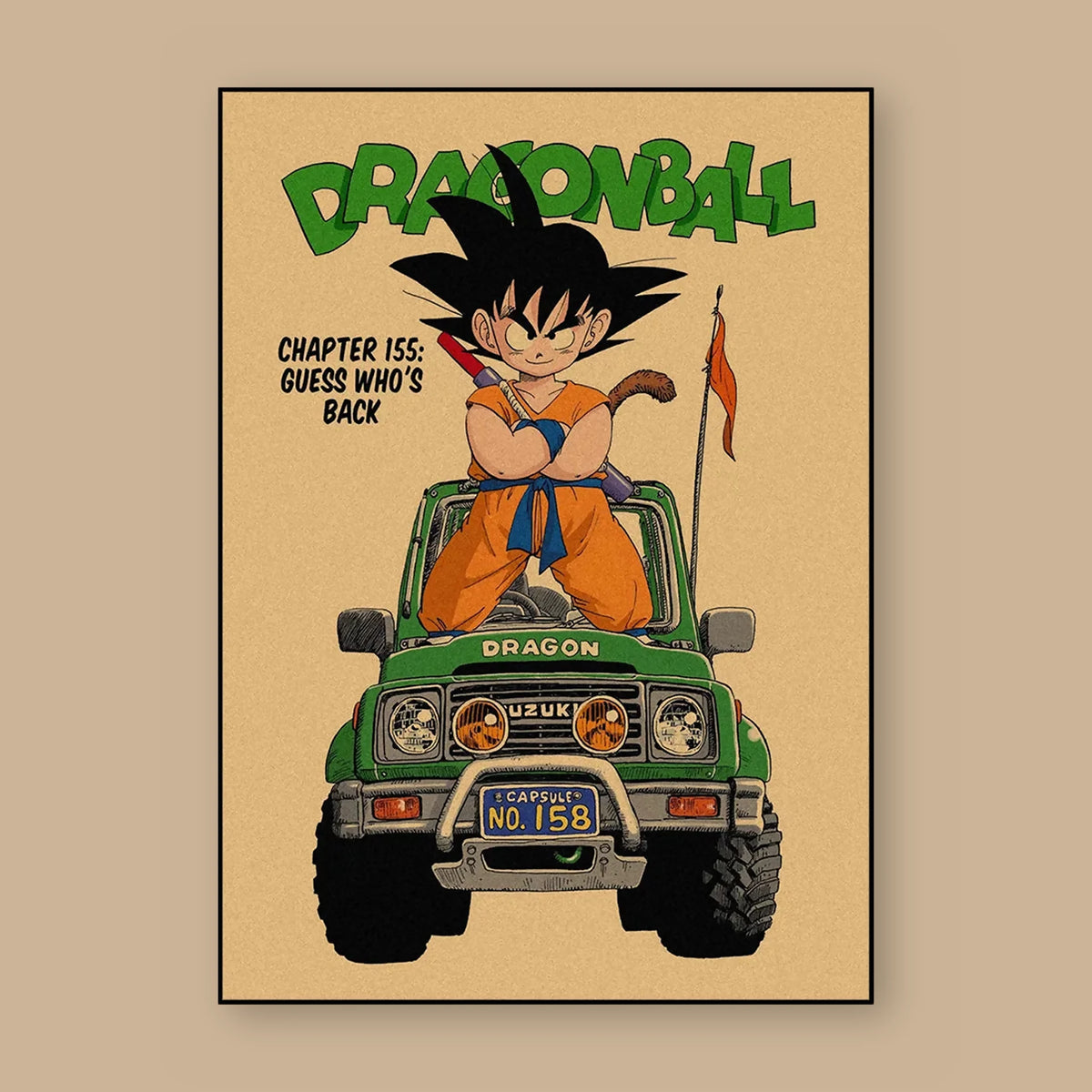 Poster Dragon Ball Son Goku — chapitre 155, vu à plat sur fond uni : illustration rétro, fond papier kraft, imprimé sur toile mate et livré sans cadre