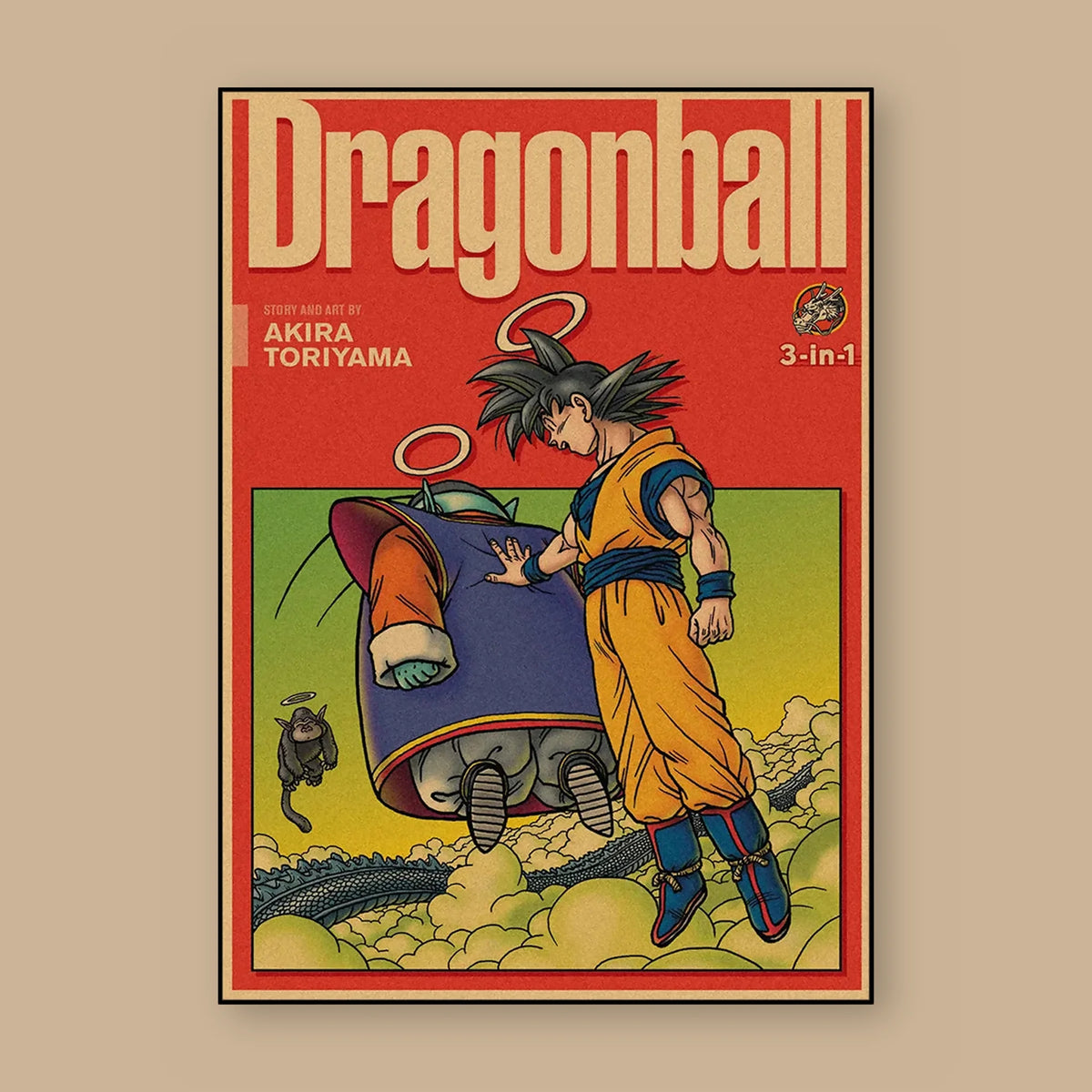 Poster Dragon Ball Son Goku — couverture 3-en-1, vu à plat sur fond uni : illustration rétro, fond papier kraft, imprimé sur toile mate et livré sans cadre
