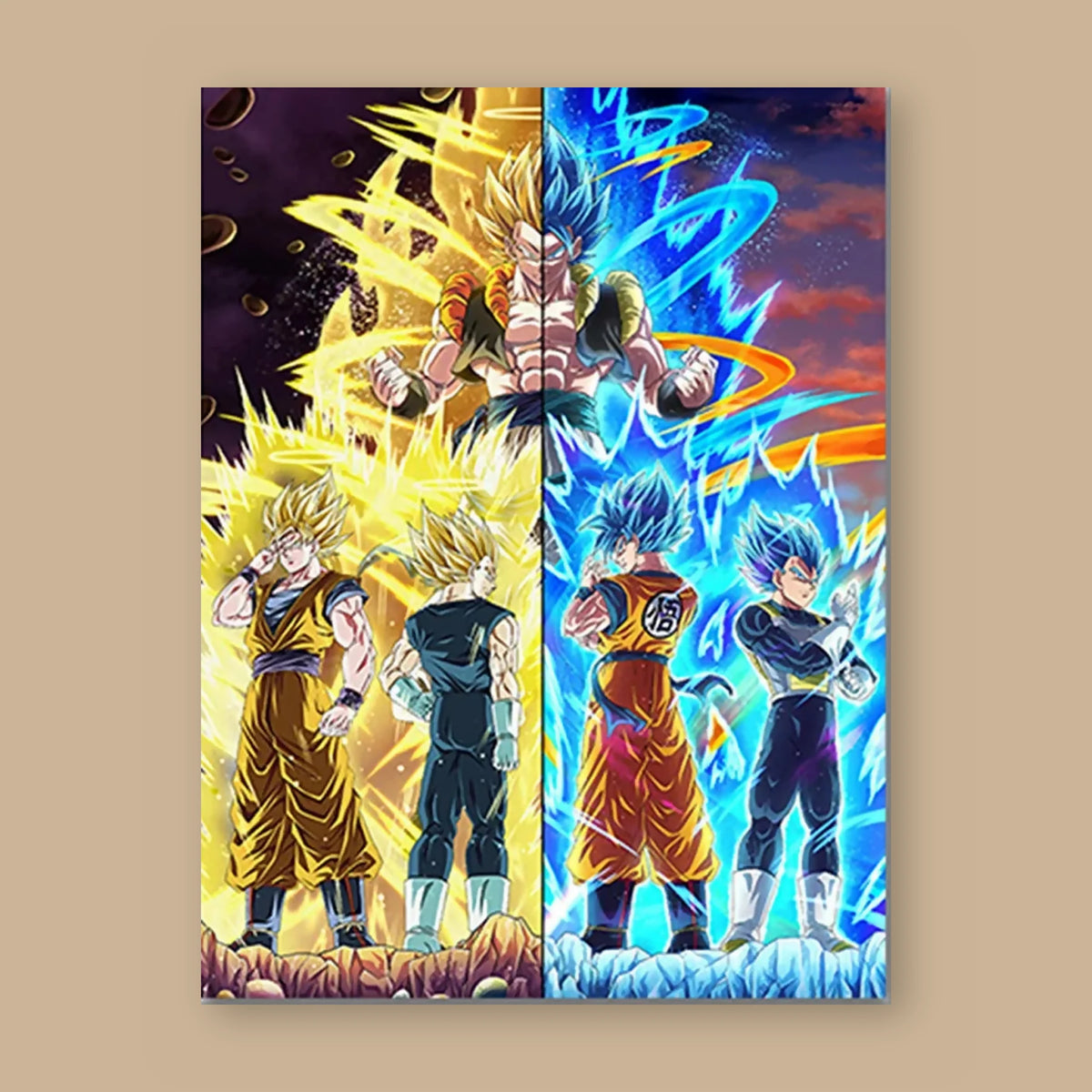 Poster Dragon Ball Goku, Vegeta, Gogeta — diptyque or et bleu, vu à plat sur fond uni : illustration numérique contemporaine, imprimé sur toile mate et livré sans cadre