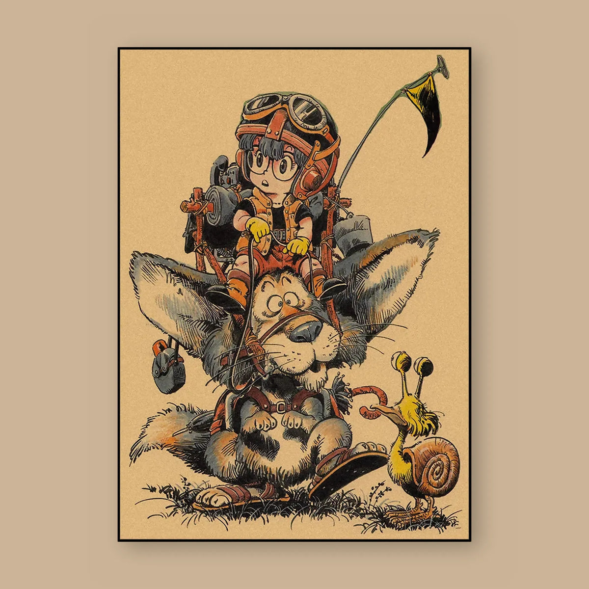 Poster Dragon Ball Illustration d'Akira Toriyama — l'enfant et le chien, vu à plat sur fond uni : illustration rétro, fond papier kraft, imprimé sur toile mate et livré sans cadre