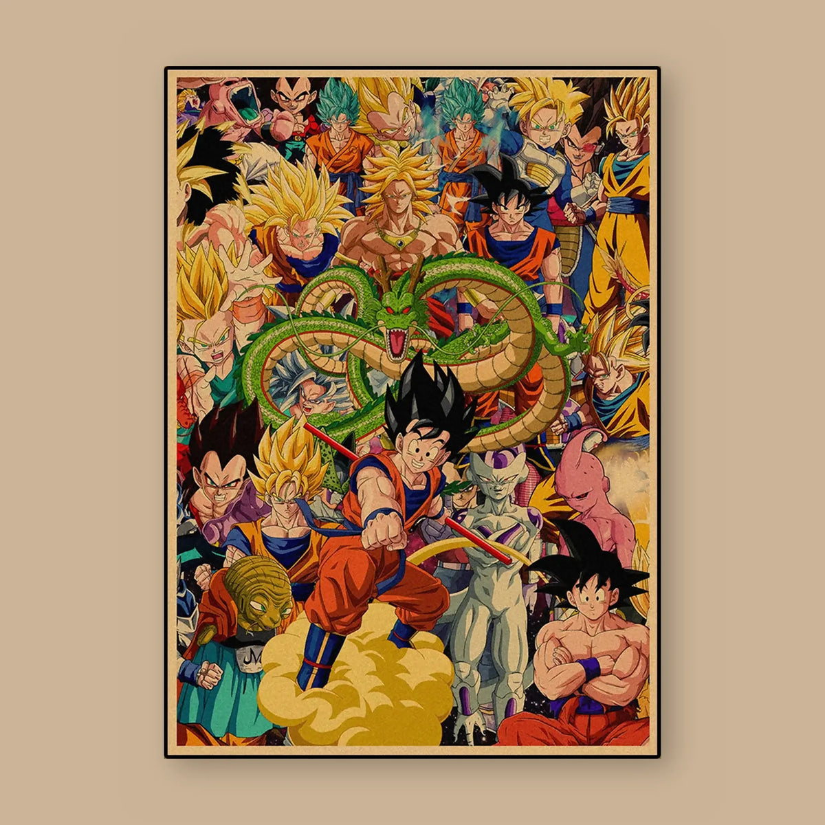 Poster Dragon Ball Tout le casting, Shenron — fresque au dragon, vu à plat sur fond uni : illustration rétro, fond papier kraft, imprimé sur toile mate et livré sans cadre