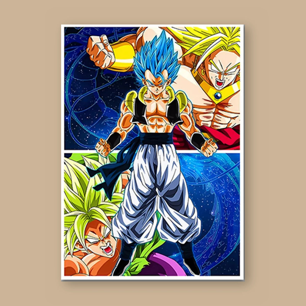 Poster Dragon Ball Gogeta, Broly, Freezer — Gogeta Blue, vu à plat sur fond uni : illustration numérique contemporaine, imprimé sur toile mate et livré sans cadre
