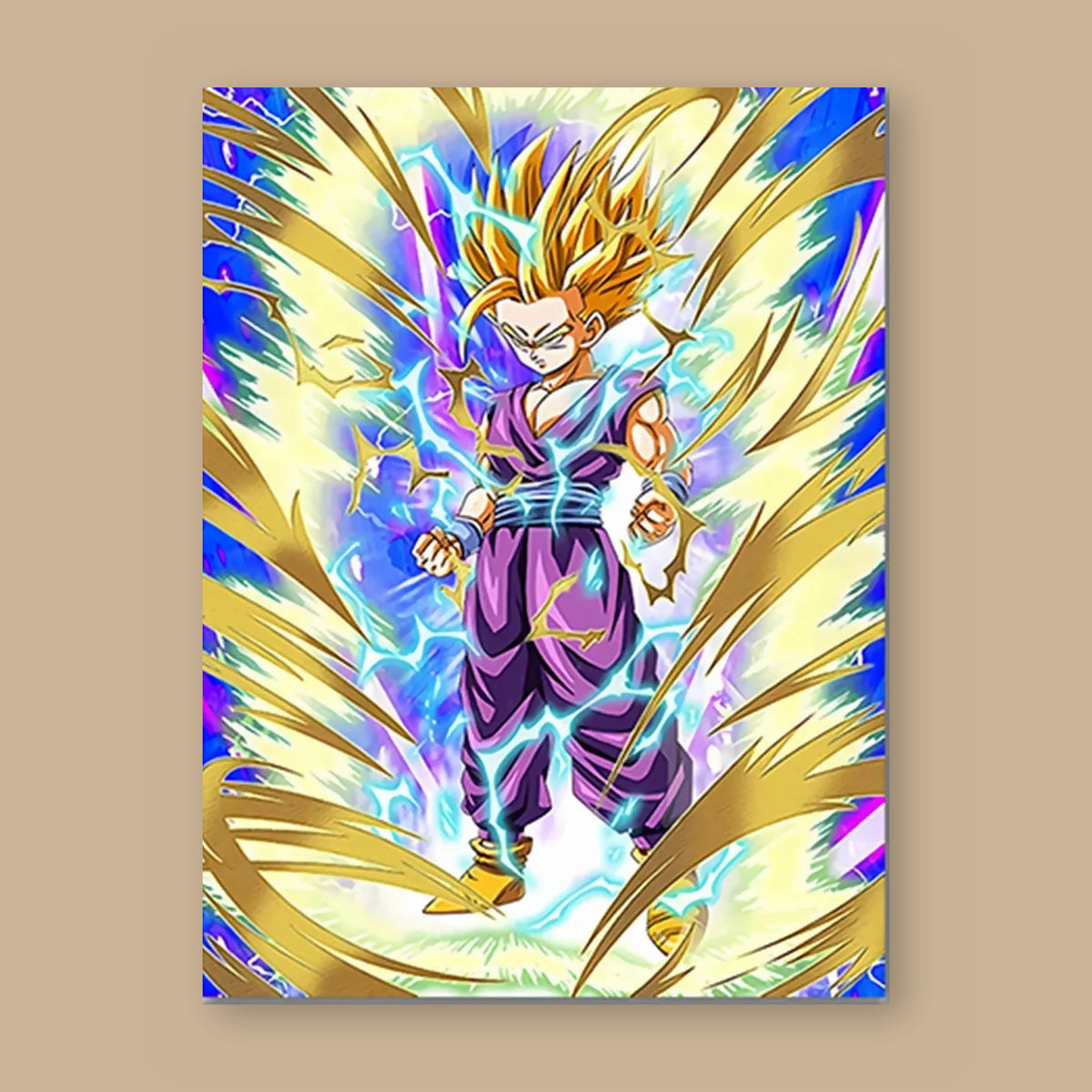 Poster Dragon Ball Son Gohan — aura dorée en éventail, vu à plat sur fond uni : illustration numérique contemporaine, imprimé sur toile mate et livré sans cadre