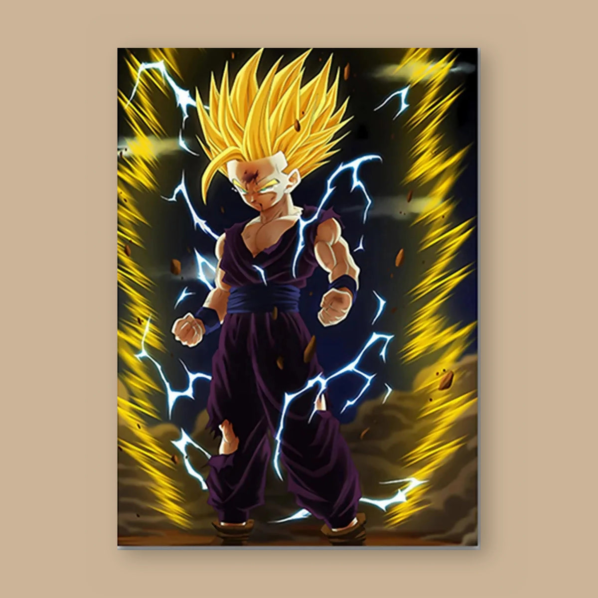 Poster Dragon Ball Son Gohan — aura jaune, éclairs bleus, vu à plat sur fond uni : illustration numérique contemporaine, imprimé sur toile mate et livré sans cadre