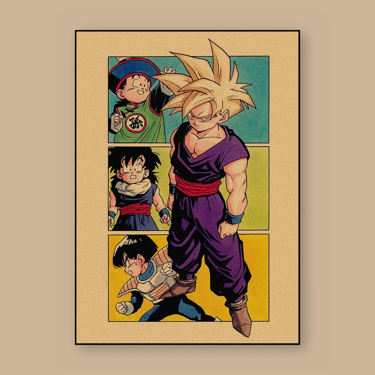 Poster Dragon Ball Son Gohan — vignettes colorées, vu à plat sur fond uni : illustration rétro, fond papier kraft, imprimé sur toile mate et livré sans cadre