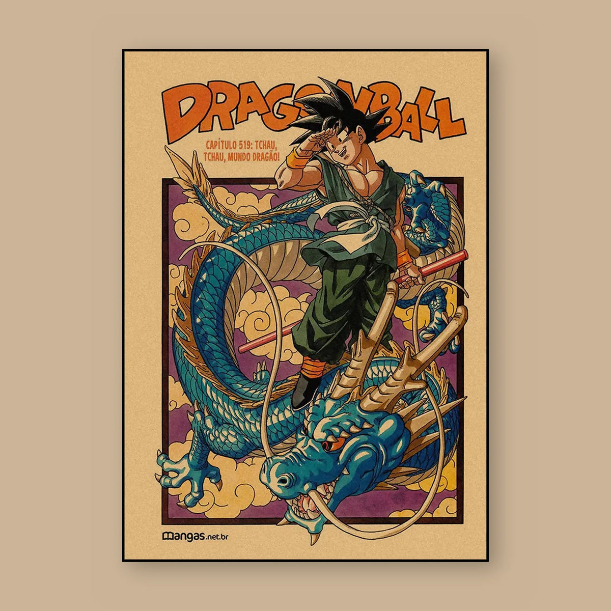 Poster Dragon Ball Son Goku, Shenron — Goku adulte sur Shenron, vu à plat sur fond uni : illustration rétro, fond papier kraft, imprimé sur toile mate et livré sans cadre