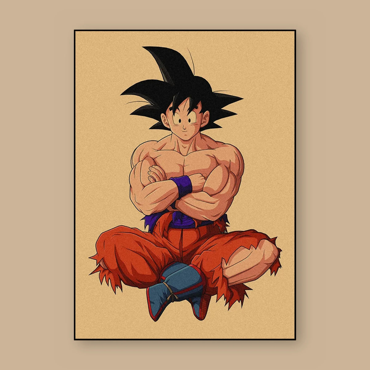 Poster Dragon Ball Son Goku — assis, bras croisés, vu à plat sur fond uni : illustration rétro, fond papier kraft, imprimé sur toile mate et livré sans cadre