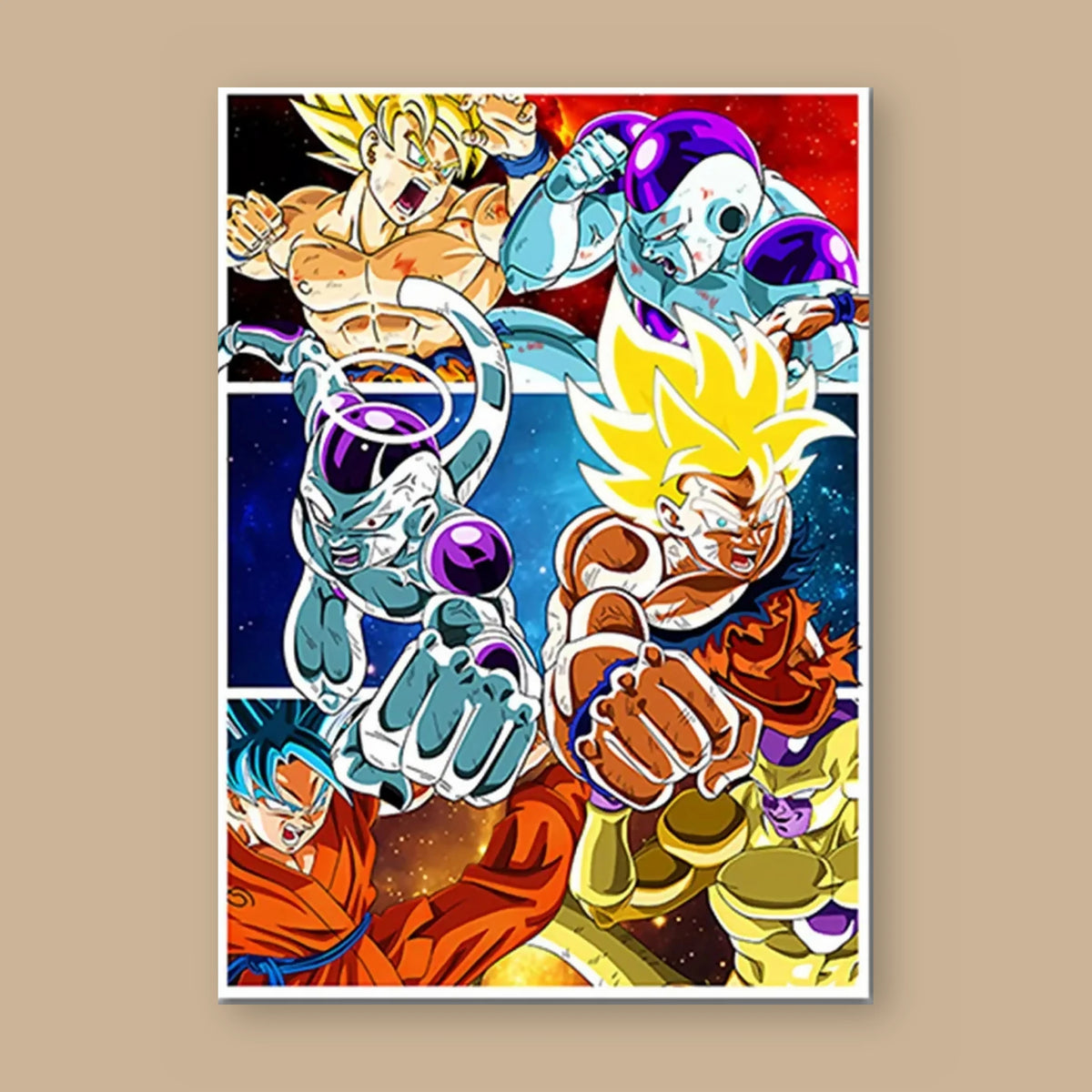 Poster Dragon Ball Son Goku, Freezer — contre les formes de Freezer, vu à plat sur fond uni : illustration numérique contemporaine, imprimé sur toile mate et livré sans cadre