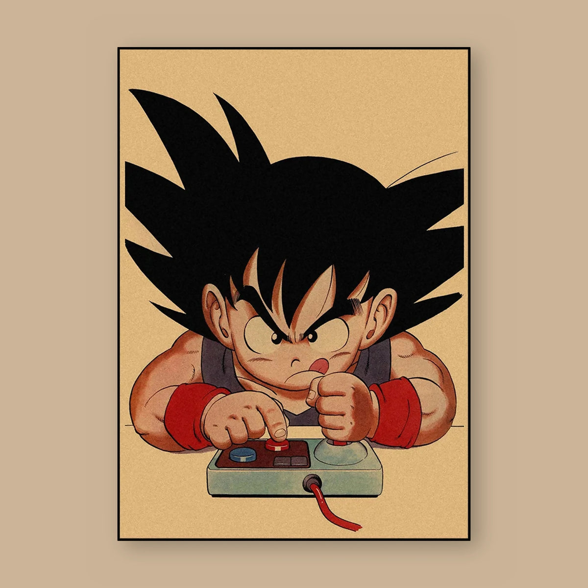 Poster Dragon Ball Son Goku enfant — à la manette, vu à plat sur fond uni : illustration rétro, fond papier kraft, imprimé sur toile mate et livré sans cadre