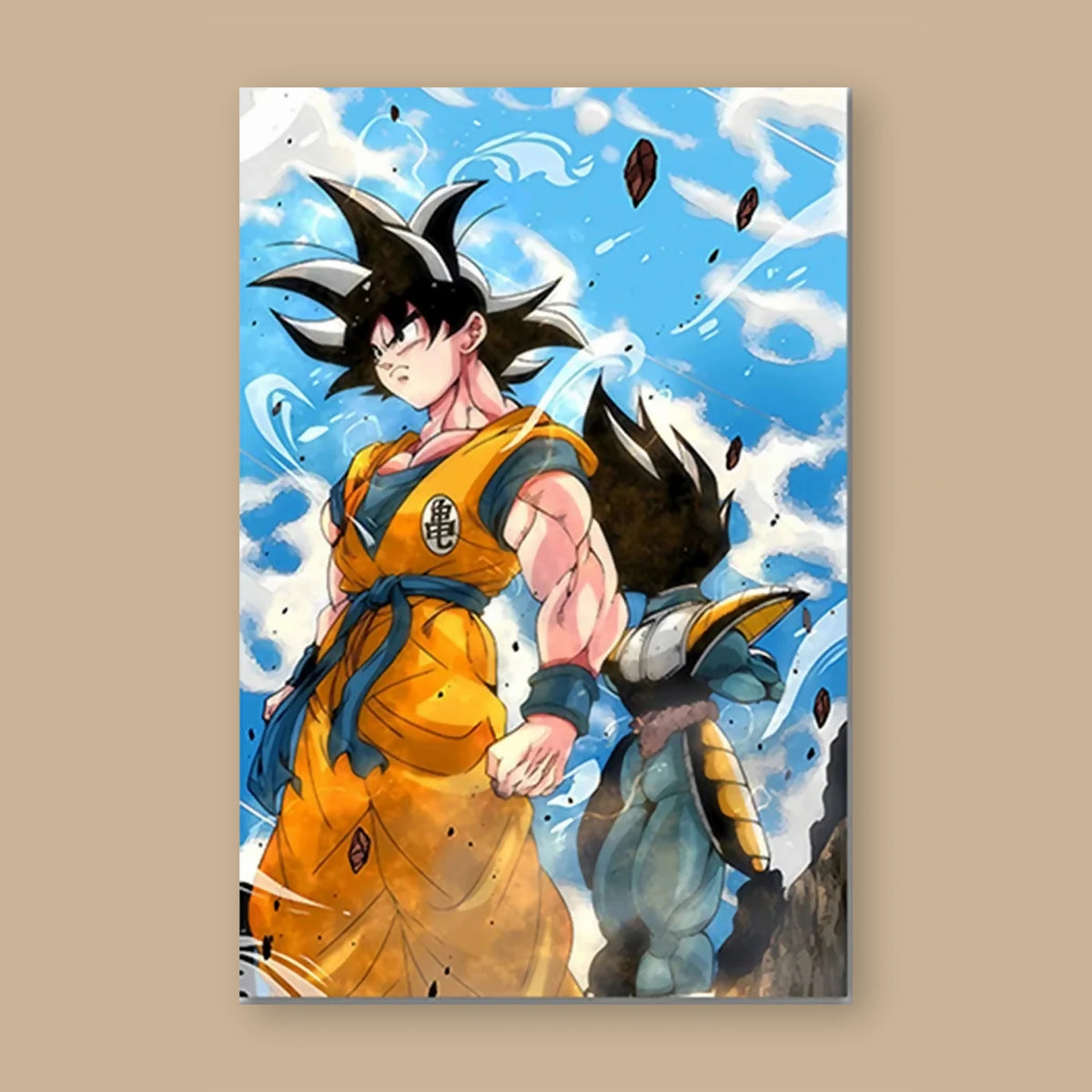 Poster Dragon Ball Son Goku, Vegeta — dos à dos, ciel bleu, vu à plat sur fond uni : illustration numérique contemporaine, imprimé sur toile mate et livré sans cadre