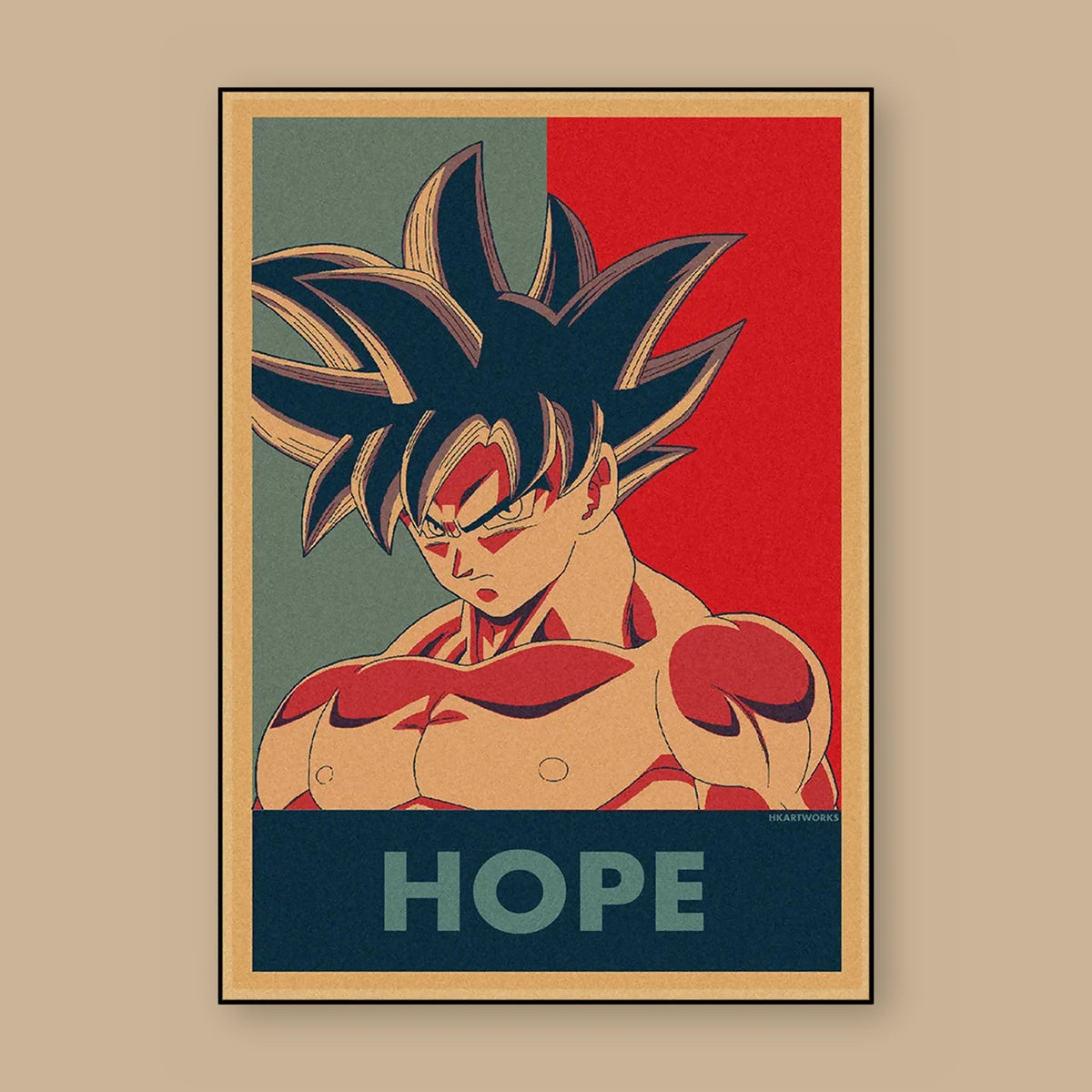 Poster Dragon Ball Son Goku — sérigraphie deux tons, vu à plat sur fond uni : illustration rétro, fond papier kraft, imprimé sur toile mate et livré sans cadre