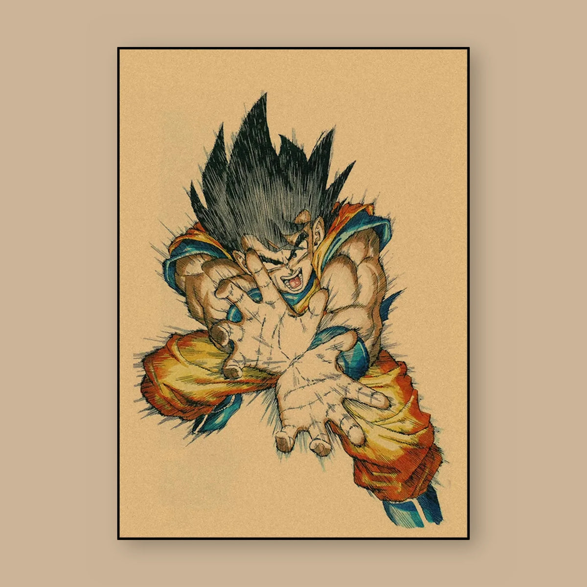 Poster Dragon Ball Son Goku — aux crayons de couleur, vu à plat sur fond uni : illustration rétro, fond papier kraft, imprimé sur toile mate et livré sans cadre
