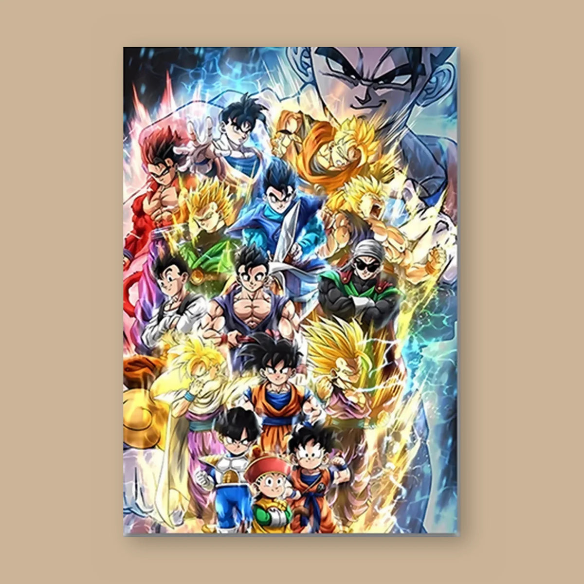 Poster Dragon Ball Goku, Gohan, Jiren — fresque verticale, vu à plat sur fond uni : illustration numérique contemporaine, imprimé sur toile mate et livré sans cadre