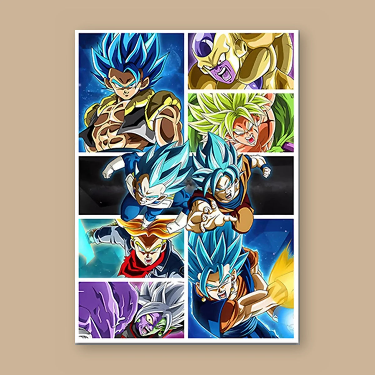 Poster Dragon Ball Gogeta, Vegetto, Broly — grille des formes Blue, vu à plat sur fond uni : illustration numérique contemporaine, imprimé sur toile mate et livré sans cadre
